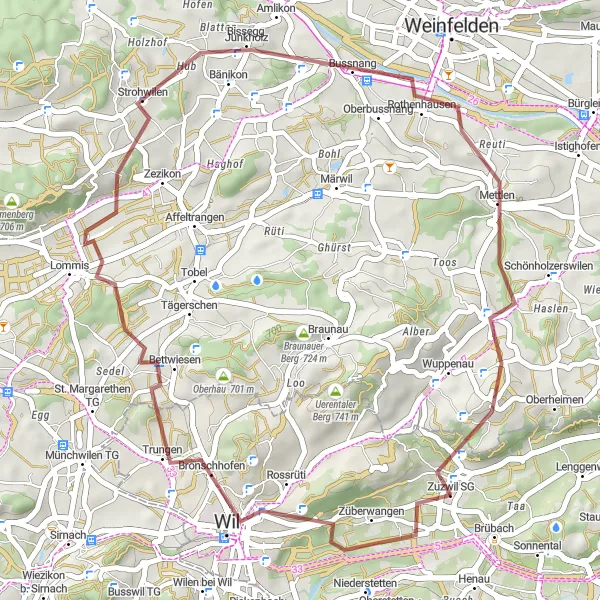 Mapa miniatúra "Offroad do Wil cez Bussnang a Nollen" cyklistická inšpirácia v Ostschweiz, Switzerland. Vygenerované cyklistickým plánovačom trás Tarmacs.app