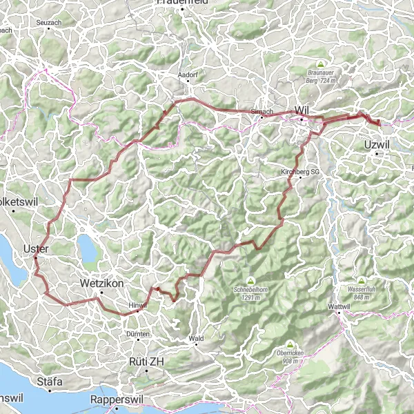 Miniatua del mapa de inspiración ciclista "Desafío por Turbenthal y Wil" en Ostschweiz, Switzerland. Generado por Tarmacs.app planificador de rutas ciclistas