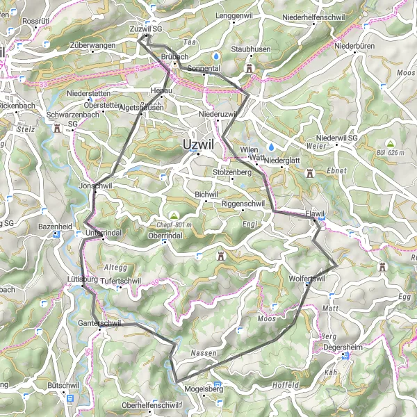 Map miniature of "Flawil Exploration" cycling inspiration in Ostschweiz, Switzerland. Generated by Tarmacs.app cycling route planner
