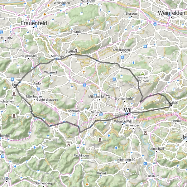 Miniatuurkaart van de fietsinspiratie "Historische dorpen en natuurlijke schoonheid" in Ostschweiz, Switzerland. Gemaakt door de Tarmacs.app fietsrouteplanner