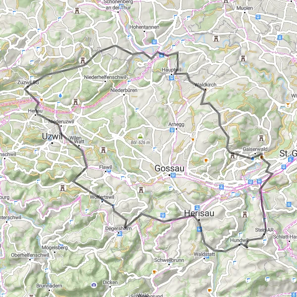 Mapa miniatúra "Cestná cyklotrasa cez Bischofszell a Gaiserwald" cyklistická inšpirácia v Ostschweiz, Switzerland. Vygenerované cyklistickým plánovačom trás Tarmacs.app