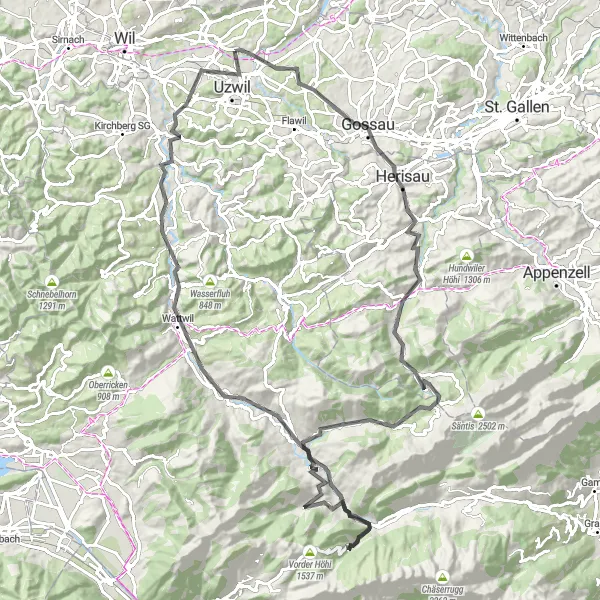 Miniatua del mapa de inspiración ciclista "Ruta de ciclismo de ruta Zuzwil - Gossau - Urnäsch - Fernglas - Stein SG - Ruezenberg - Krummenau - Iberg - Lichtensteig - Jonschwil" en Ostschweiz, Switzerland. Generado por Tarmacs.app planificador de rutas ciclistas