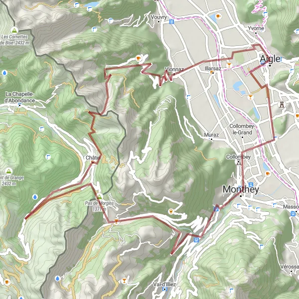 Kartminiatyr av "Grusväg till Monthey och Aigle" cykelinspiration i Région lémanique, Switzerland. Genererad av Tarmacs.app cykelruttplanerare