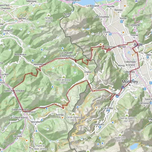 Miniatua del mapa de inspiración ciclista "Ruta de ciclismo de 102 km en grava desde Aigle hasta Château d'Aigle" en Région lémanique, Switzerland. Generado por Tarmacs.app planificador de rutas ciclistas