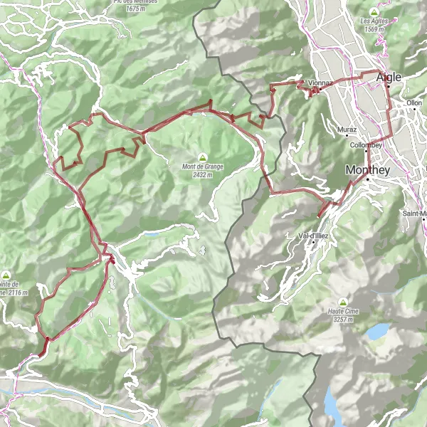 Miniatuurkaart van de fietsinspiratie "Avontuurlijke Gravelroute van Aigle naar La Chapelle-d'Abondance" in Région lémanique, Switzerland. Gemaakt door de Tarmacs.app fietsrouteplanner