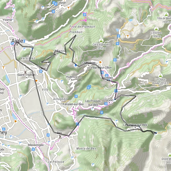 Mapa miniatúra "Okruh okolo Aigle" cyklistická inšpirácia v Région lémanique, Switzerland. Vygenerované cyklistickým plánovačom trás Tarmacs.app