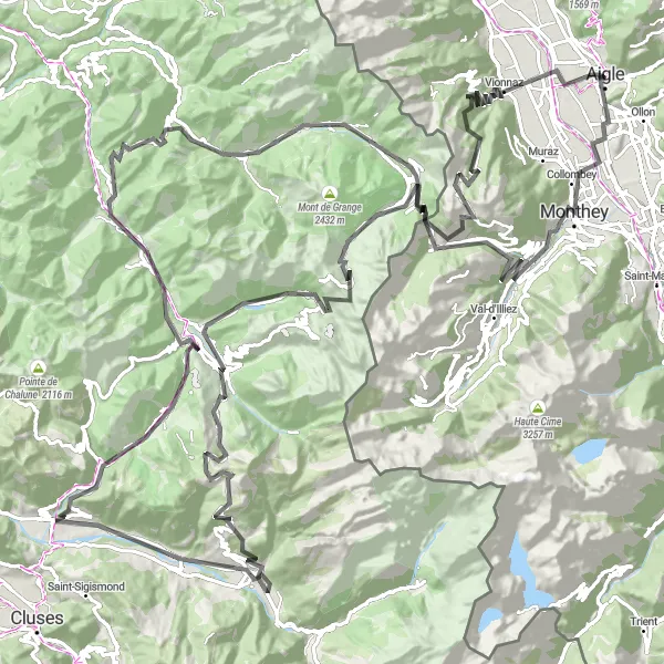 Miniatura della mappa di ispirazione al ciclismo "Giro panoramico attraverso le Alpi svizzere e francesi" nella regione di Région lémanique, Switzerland. Generata da Tarmacs.app, pianificatore di rotte ciclistiche