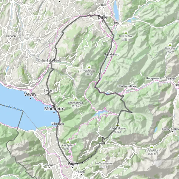 Miniatura della mappa di ispirazione al ciclismo "Giro panoramico da Aigle a Gruyères" nella regione di Région lémanique, Switzerland. Generata da Tarmacs.app, pianificatore di rotte ciclistiche
