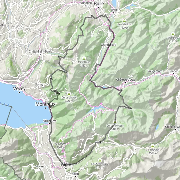 Mapa miniatúra "Trasa cez Montreux a Gruyères do Aigle" cyklistická inšpirácia v Région lémanique, Switzerland. Vygenerované cyklistickým plánovačom trás Tarmacs.app