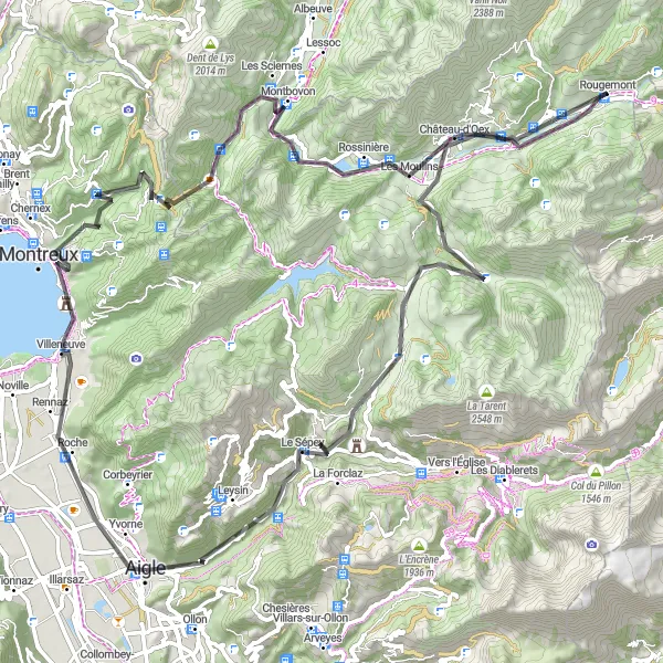 Map miniature of "Montreux and Col des Mosses Loop" cycling inspiration in Région lémanique, Switzerland. Generated by Tarmacs.app cycling route planner