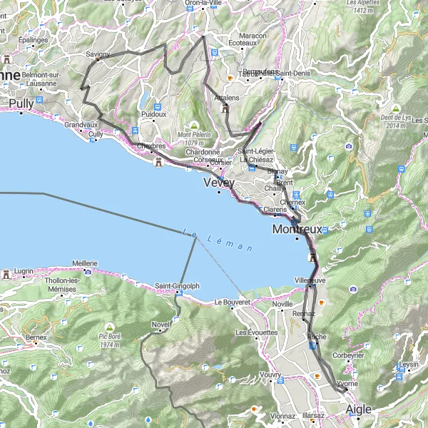 Karttaminiaatyyri "Aigle - Veytaux - Attalens - Forel Loop" pyöräilyinspiraatiosta alueella Région lémanique, Switzerland. Luotu Tarmacs.app pyöräilyreittisuunnittelijalla