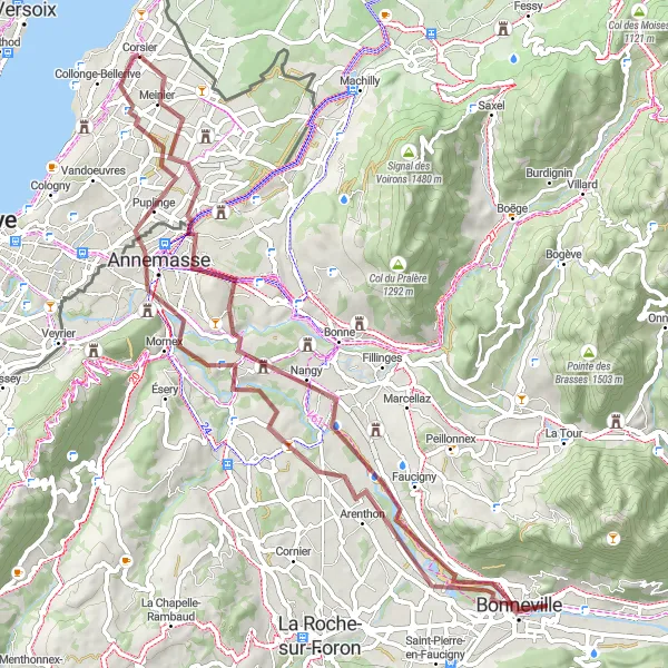 Miniatuurkaart van de fietsinspiratie "Meinier naar Annemasse via Bonneville" in Région lémanique, Switzerland. Gemaakt door de Tarmacs.app fietsrouteplanner