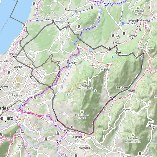 Mapa miniatúra "Výlet na Corsier cez Col de Cou a Jussy" cyklistická inšpirácia v Région lémanique, Switzerland. Vygenerované cyklistickým plánovačom trás Tarmacs.app