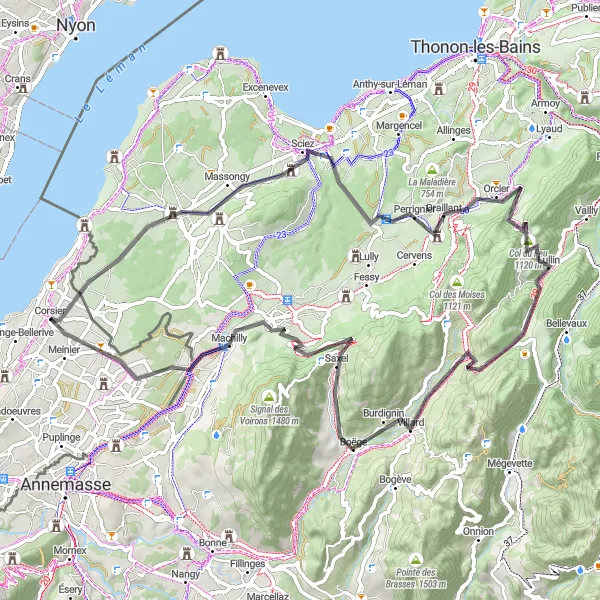 Miniatuurkaart van de fietsinspiratie "Scenic Road to Douvaine" in Région lémanique, Switzerland. Gemaakt door de Tarmacs.app fietsrouteplanner