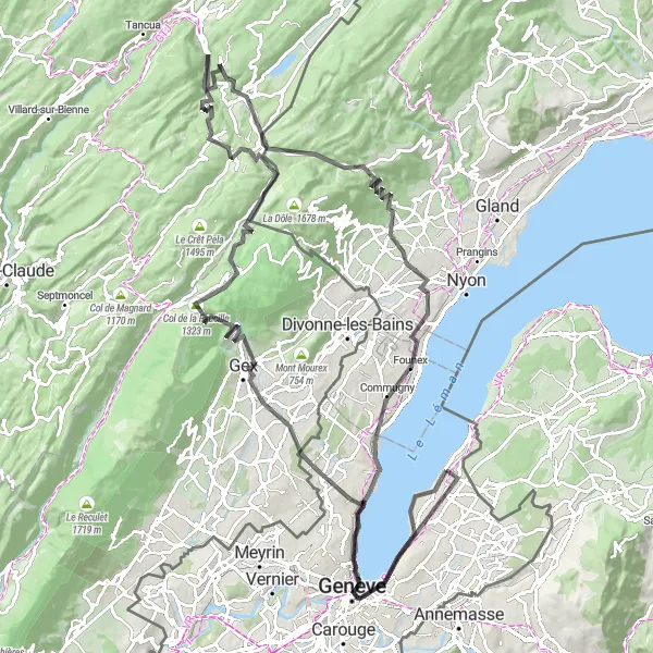 Karttaminiaatyyri "Majesteettinen kierros Col de la Faucilleen" pyöräilyinspiraatiosta alueella Région lémanique, Switzerland. Luotu Tarmacs.app pyöräilyreittisuunnittelijalla