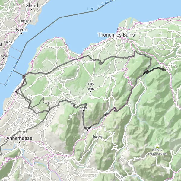 Karttaminiaatyyri "Kaunis reitti Sciezin ja Veigy-Foncenexin kautta" pyöräilyinspiraatiosta alueella Région lémanique, Switzerland. Luotu Tarmacs.app pyöräilyreittisuunnittelijalla