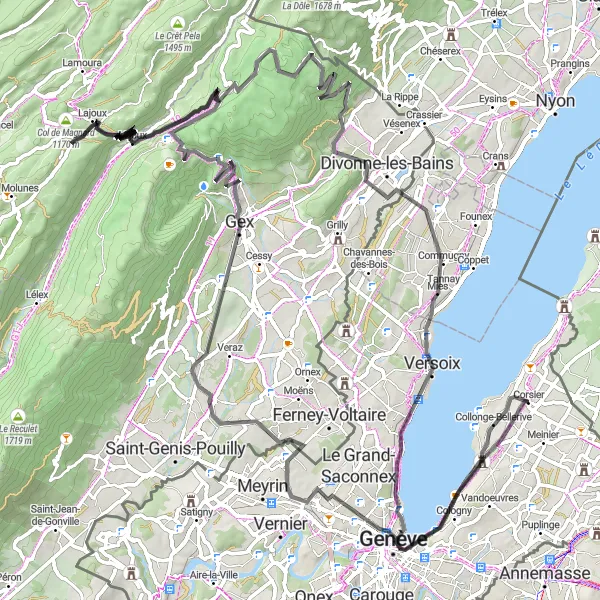 Miniature de la carte de l'inspiration cycliste "Tour du Lac Léman" dans la Région lémanique, Switzerland. Générée par le planificateur d'itinéraire cycliste Tarmacs.app