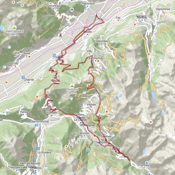 Map miniature of "Mountainous Gravel Adventure" cycling inspiration in Région lémanique, Switzerland. Generated by Tarmacs.app cycling route planner