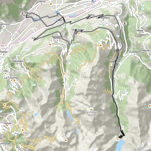 Mapa miniatúra "Cesta z Ardonu do Hérémence cez Les Masses a Pralong" cyklistická inšpirácia v Région lémanique, Switzerland. Vygenerované cyklistickým plánovačom trás Tarmacs.app