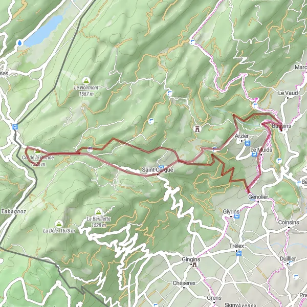 Miniatura della mappa di ispirazione al ciclismo "Passeggiata nelle Fruitières de Nyon" nella regione di Région lémanique, Switzerland. Generata da Tarmacs.app, pianificatore di rotte ciclistiche