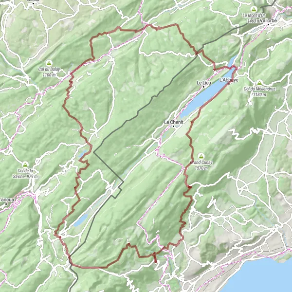 Zemljevid v pomanjšavi "Gravel Pustolovščina z razgledi" kolesarske inspiracije v Région lémanique, Switzerland. Generirano z načrtovalcem kolesarskih poti Tarmacs.app