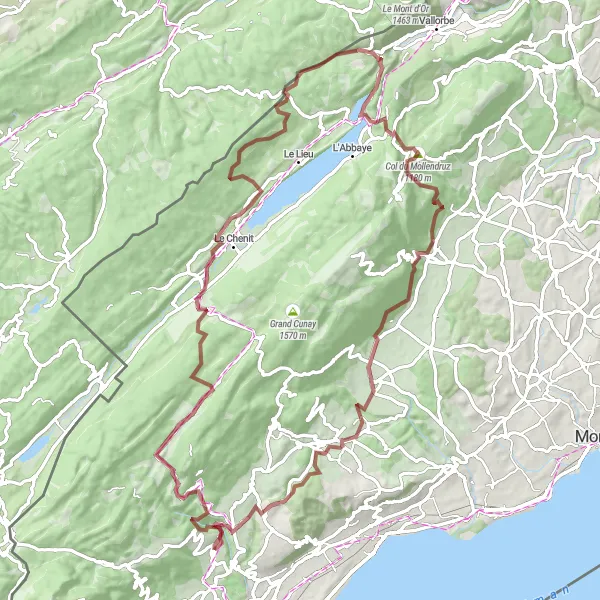 Miniatura della mappa di ispirazione al ciclismo "Esplorazione gravel tra Arzier e Bassins" nella regione di Région lémanique, Switzerland. Generata da Tarmacs.app, pianificatore di rotte ciclistiche