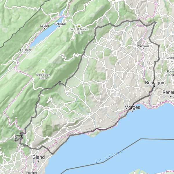 Miniature de la carte de l'inspiration cycliste "Boucle champêtre vers Tine de Conflens en Road" dans la Région lémanique, Switzerland. Générée par le planificateur d'itinéraire cycliste Tarmacs.app