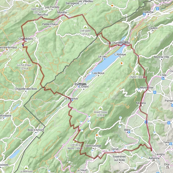 Map miniature of "Gravel Route through Longirod and Point de vue de la roche" cycling inspiration in Région lémanique, Switzerland. Generated by Tarmacs.app cycling route planner