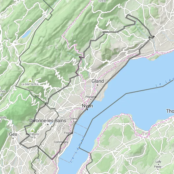 Miniature de la carte de l'inspiration cycliste "Les collines de la Région lémanique" dans la Région lémanique, Switzerland. Générée par le planificateur d'itinéraire cycliste Tarmacs.app