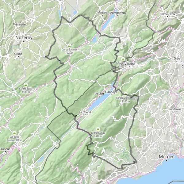 Zemljevid v pomanjšavi "Cestni Krog okoli Aubonne" kolesarske inspiracije v Région lémanique, Switzerland. Generirano z načrtovalcem kolesarskih poti Tarmacs.app