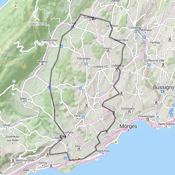 Karttaminiaatyyri "Aubonnelta Ballensiin ja Allamaniin" pyöräilyinspiraatiosta alueella Région lémanique, Switzerland. Luotu Tarmacs.app pyöräilyreittisuunnittelijalla