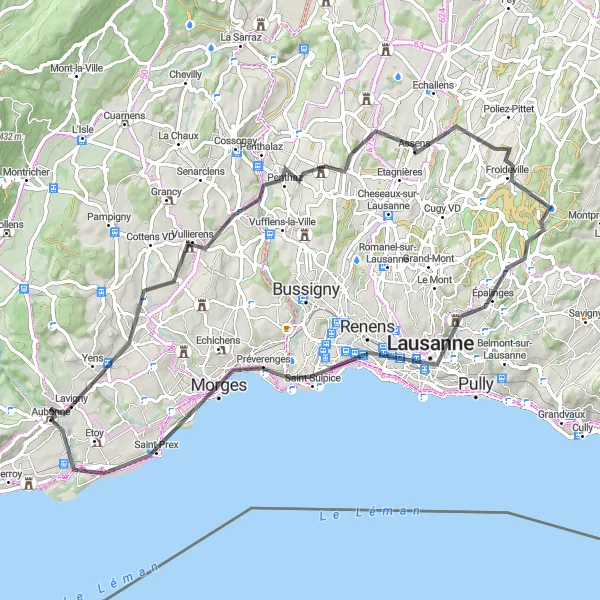 Map miniature of "Scenic Road Route through Lausanne and Morges" cycling inspiration in Région lémanique, Switzerland. Generated by Tarmacs.app cycling route planner