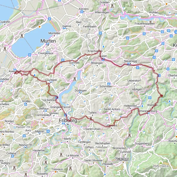 Map miniature of "Gravel Adventure: Avenches to Donatyre" cycling inspiration in Région lémanique, Switzerland. Generated by Tarmacs.app cycling route planner