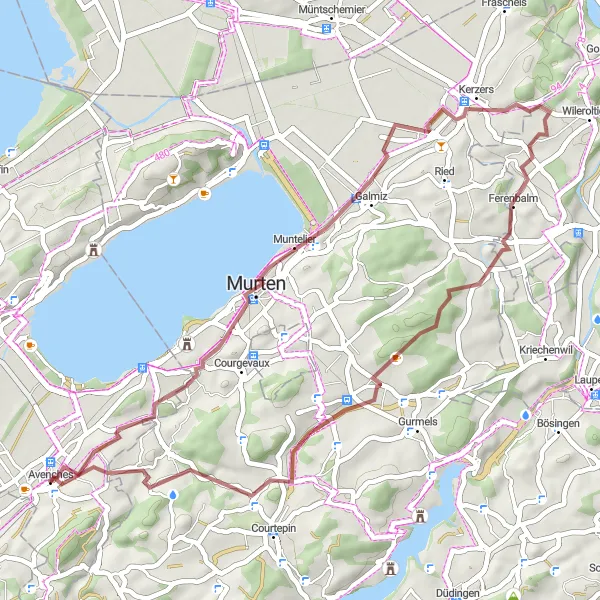 Miniatua del mapa de inspiración ciclista "Ruta de Grava por Murten y Villarepos" en Région lémanique, Switzerland. Generado por Tarmacs.app planificador de rutas ciclistas