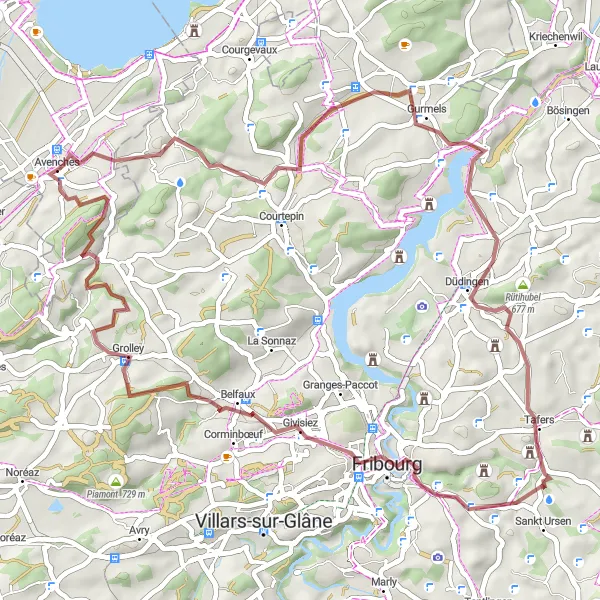 Kartminiatyr av "Grusede veier gjennom Fribourg landskapet" sykkelinspirasjon i Région lémanique, Switzerland. Generert av Tarmacs.app sykkelrutoplanlegger