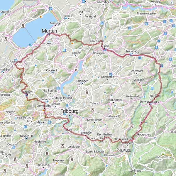 Miniatura della mappa di ispirazione al ciclismo "Avventura gravel tra Avenches e il Vully" nella regione di Région lémanique, Switzerland. Generata da Tarmacs.app, pianificatore di rotte ciclistiche
