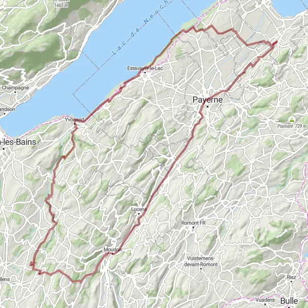 Mapa miniatúra "Gravel okolo Avenches" cyklistická inšpirácia v Région lémanique, Switzerland. Vygenerované cyklistickým plánovačom trás Tarmacs.app