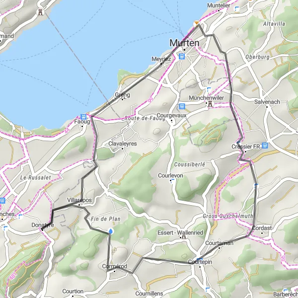 Miniatua del mapa de inspiración ciclista "Ruta en Carretera Meyriez-Cormérod" en Région lémanique, Switzerland. Generado por Tarmacs.app planificador de rutas ciclistas