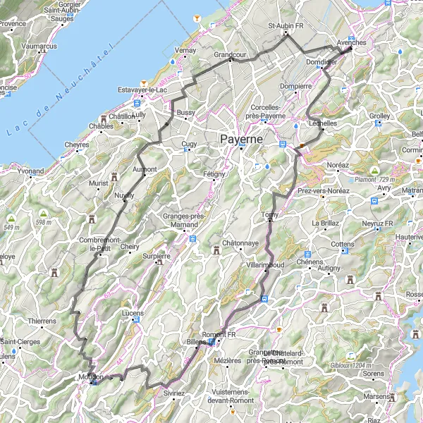 Miniature de la carte de l'inspiration cycliste "Parcours vallonné de Avenches à Nuvilly en route" dans la Région lémanique, Switzerland. Générée par le planificateur d'itinéraire cycliste Tarmacs.app