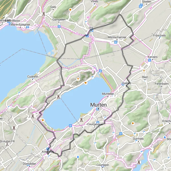 Zemljevid v pomanjšavi "Pogledi na Morat" kolesarske inspiracije v Région lémanique, Switzerland. Generirano z načrtovalcem kolesarskih poti Tarmacs.app