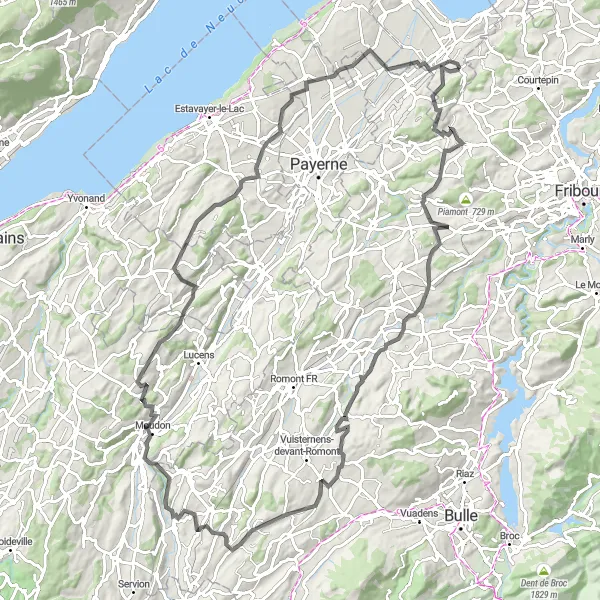 Miniatura della mappa di ispirazione al ciclismo "Giro in bicicletta verso Château d'Avenches" nella regione di Région lémanique, Switzerland. Generata da Tarmacs.app, pianificatore di rotte ciclistiche