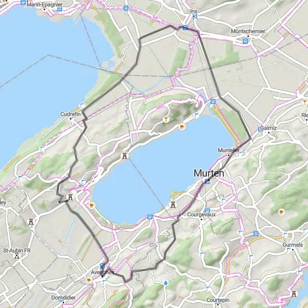 Map miniature of "Bicycle Route to Witzwil" cycling inspiration in Région lémanique, Switzerland. Generated by Tarmacs.app cycling route planner