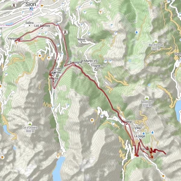 Miniatua del mapa de inspiración ciclista "Ruta de grava en Basse-Nendaz" en Région lémanique, Switzerland. Generado por Tarmacs.app planificador de rutas ciclistas