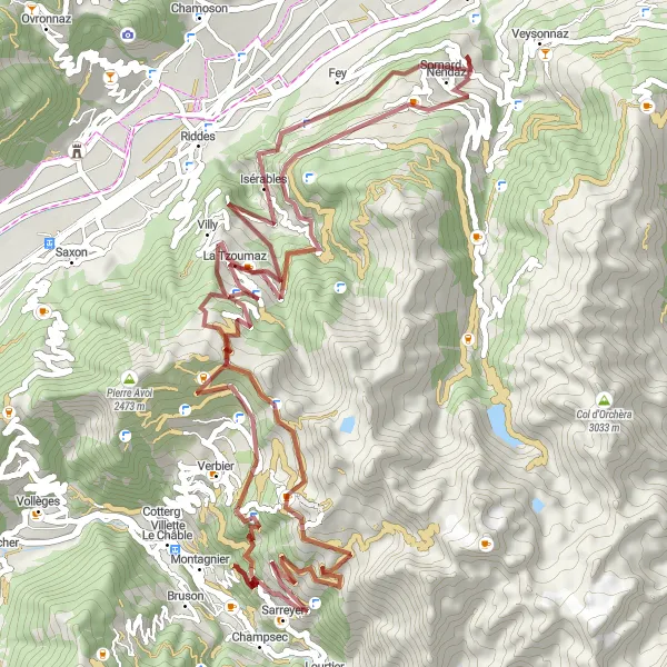 Zemljevid v pomanjšavi "Gravel pot Place Gherla - Nendaz" kolesarske inspiracije v Région lémanique, Switzerland. Generirano z načrtovalcem kolesarskih poti Tarmacs.app