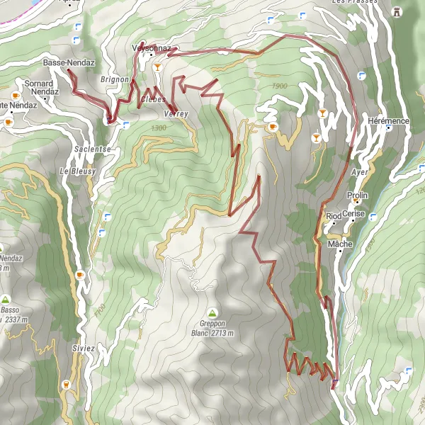 Kartminiatyr av "Kort Grusvei fra Nendaz til Verrey" sykkelinspirasjon i Région lémanique, Switzerland. Generert av Tarmacs.app sykkelrutoplanlegger