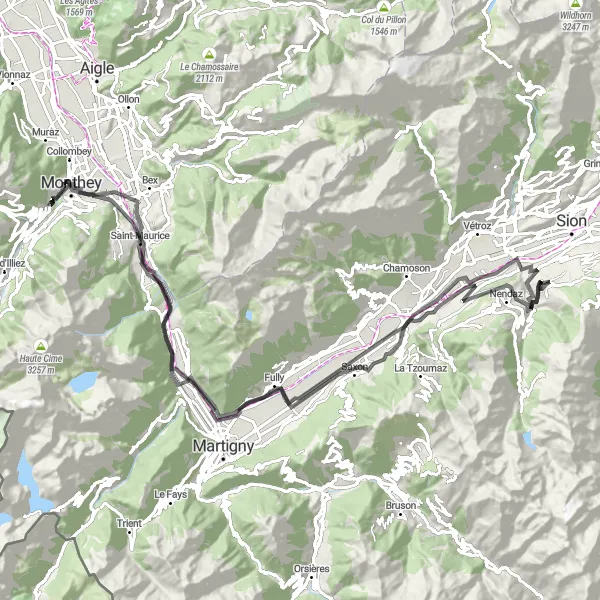 Map miniature of "Les Trésors de Basse-Nendaz" cycling inspiration in Région lémanique, Switzerland. Generated by Tarmacs.app cycling route planner