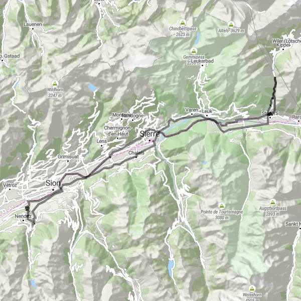 Map miniature of "Sierre Salivation" cycling inspiration in Région lémanique, Switzerland. Generated by Tarmacs.app cycling route planner