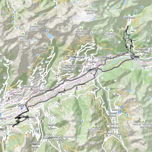 Miniatura della mappa di ispirazione al ciclismo "Tour Panoramico da Basse-Nendaz a Leuk" nella regione di Région lémanique, Switzerland. Generata da Tarmacs.app, pianificatore di rotte ciclistiche