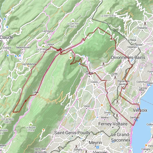 Miniatua del mapa de inspiración ciclista "Ruta de Grava de Gex a Genthod" en Région lémanique, Switzerland. Generado por Tarmacs.app planificador de rutas ciclistas