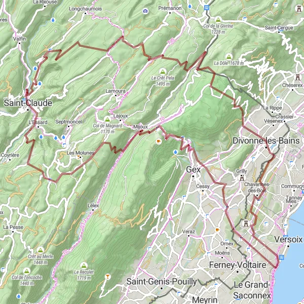 Miniatua del mapa de inspiración ciclista "Ruta de Grava de Gex a Chavannes-des-Bois" en Région lémanique, Switzerland. Generado por Tarmacs.app planificador de rutas ciclistas